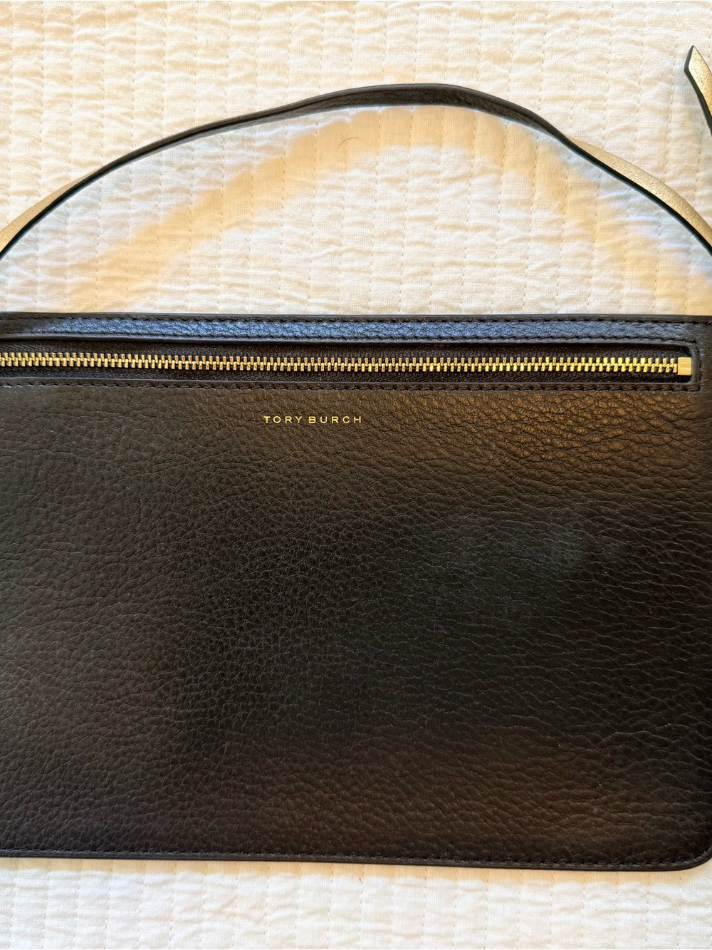 Tory Burch Black Pebbled Leather Wristlet Clutch Pouch Gold Interior